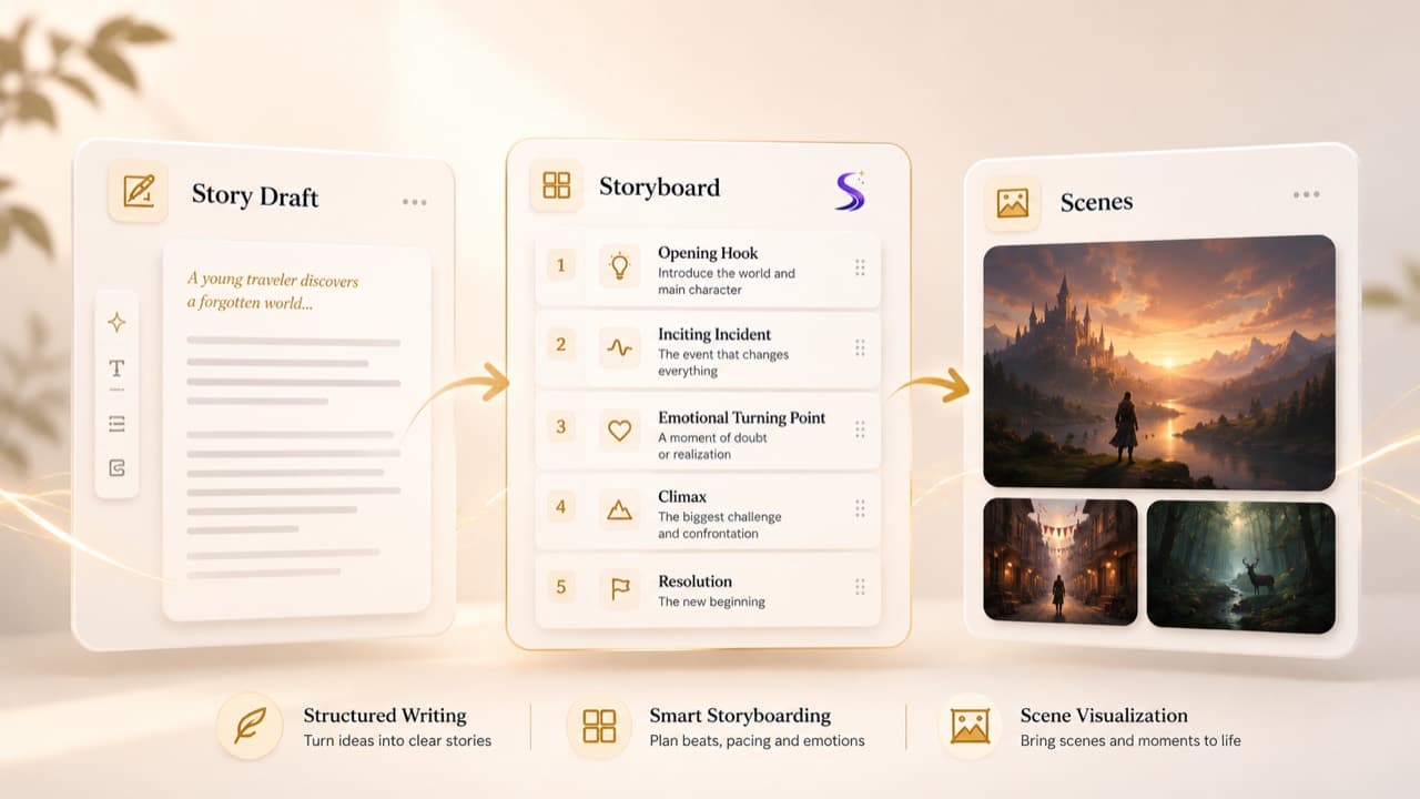ScenovaAI storytelling workflow showing Story Draft, Storyboard and Scenes.